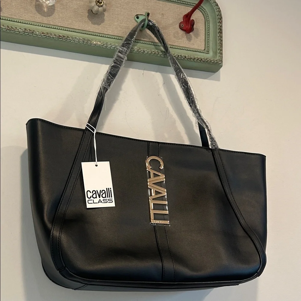 Cavalli Class Black onyx Travel Airplane Tote Bag with Gold Logo new w tag